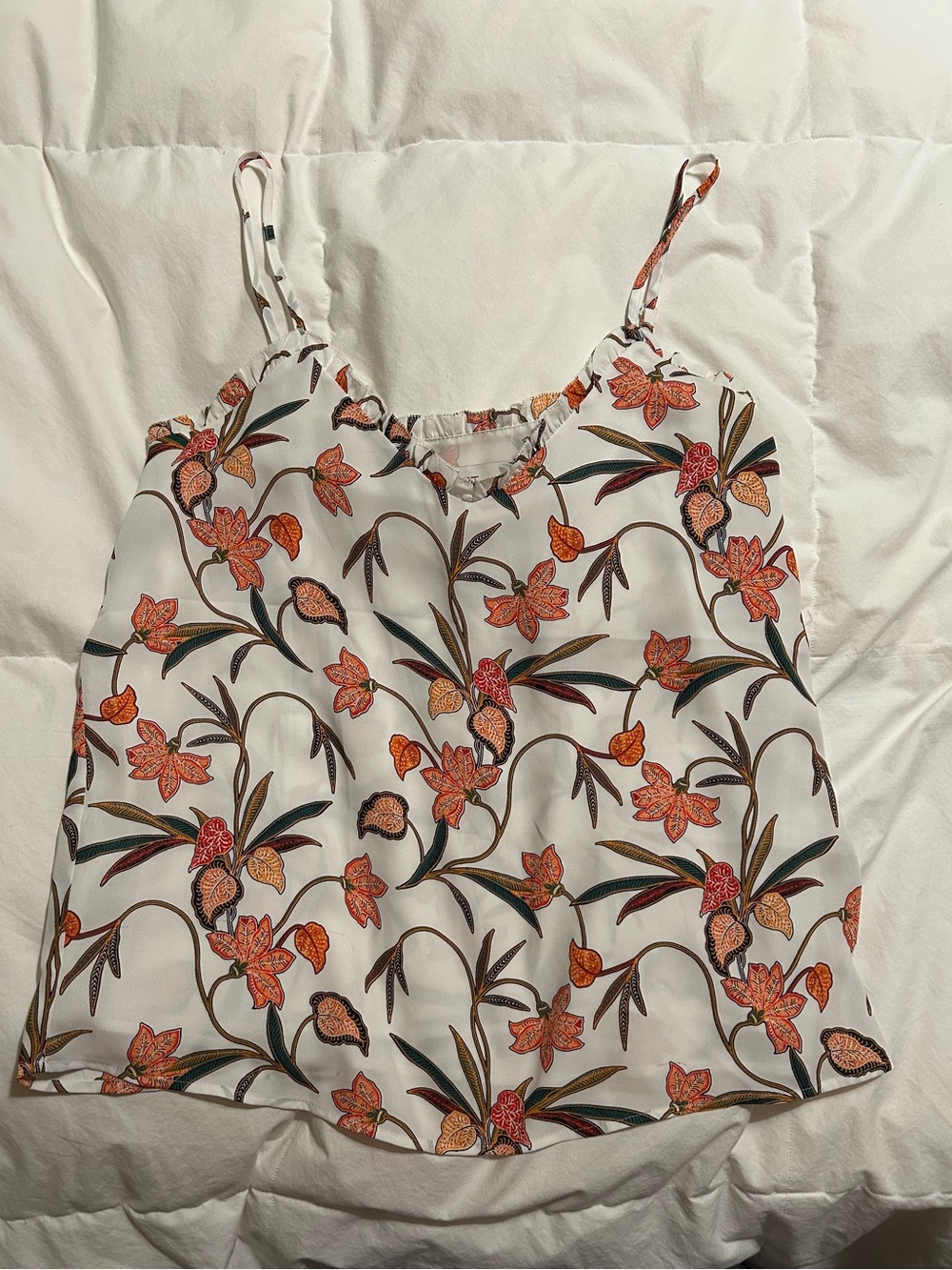 Floral Spaghetti Strap Blouse Top - White with Orange Floral
